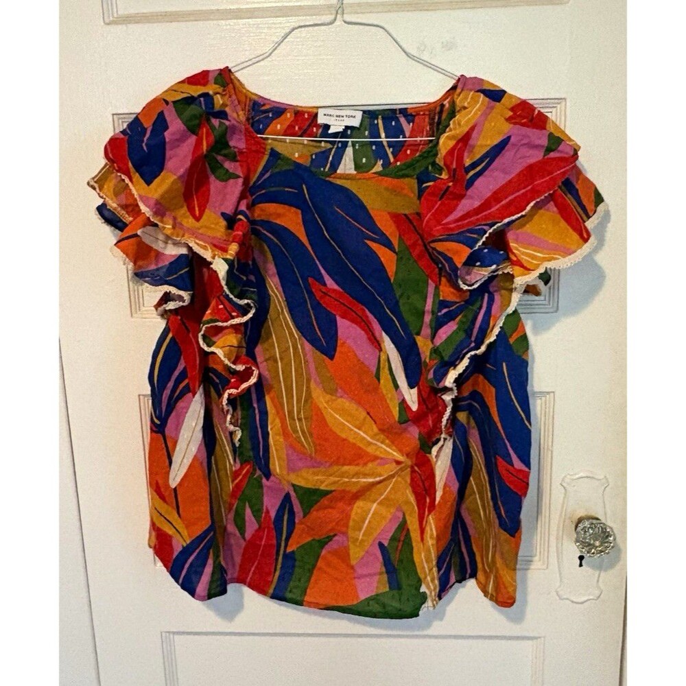 Marc New York Jeans 2X Plus Multicolor Floral Ruffle Sleeve Scoop Blouse